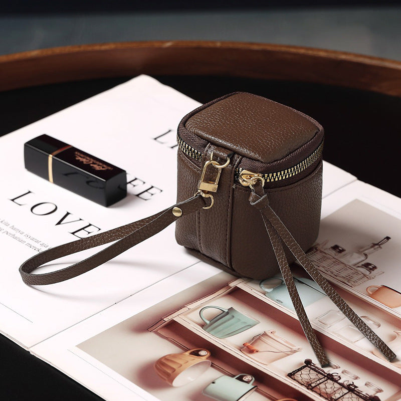 Coffee 2 Pack Mini PU Leather Cube Cosmetic Bag - Portable Travel Pouch for Lipstick, Coins and Jewelry - Compact Storage with Wrist Strap 8x7.5cm