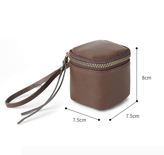 Coffee 2 Pack Mini PU Leather Cube Cosmetic Bag - Portable Travel Pouch for Lipstick, Coins and Jewelry - Compact Storage with Wrist Strap 8x7.5cm