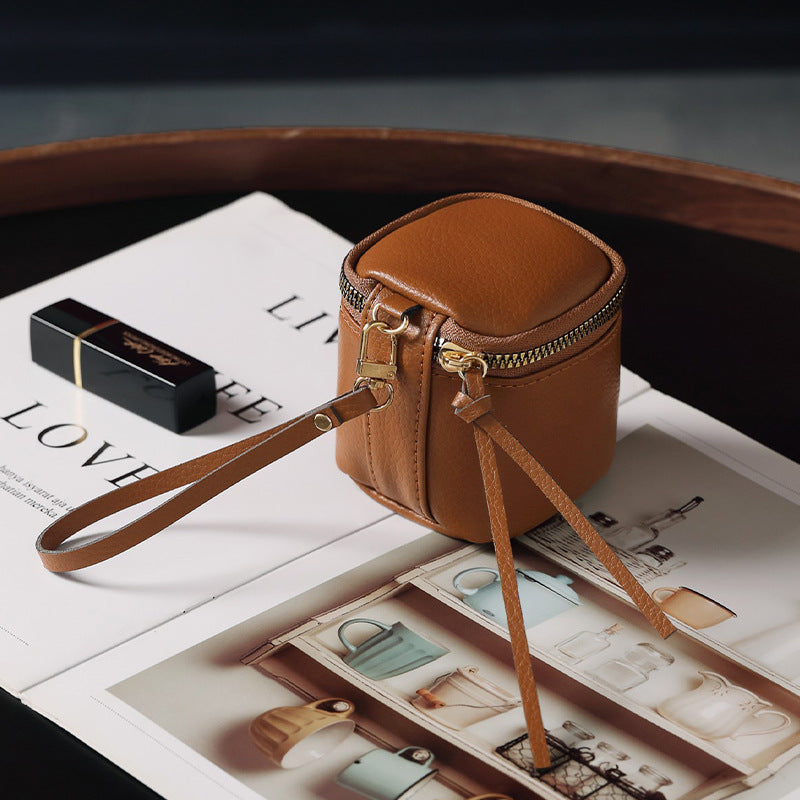 Brown 2 Pack Mini PU Leather Cube Cosmetic Bag - Portable Travel Pouch for Lipstick, Coins and Jewelry - Compact Storage with Wrist Strap 8x7.5cm