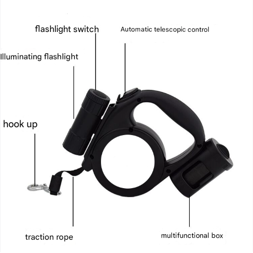 Black 3-in-1 Retractable Dog Leash with LED Flashlight and Waste Bag Dispenser 5m Nylon Lead for Dogs up to 20kg Essential Pet Walking Gear