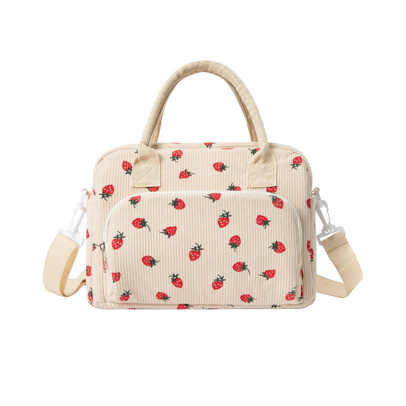 Beige Women's Large Corduroy Lunch Bag Insulated Thermal Tote Strawberry Print with Shoulder Strap for Work School &amp; Picnics