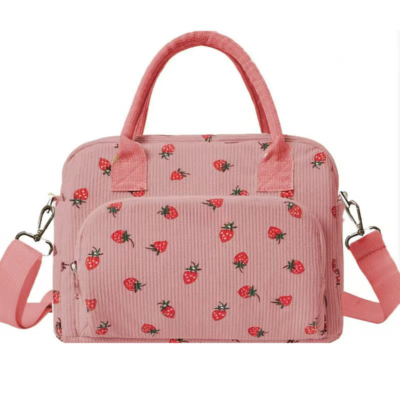Pink Women's Large Corduroy Lunch Bag Insulated Thermal Tote Strawberry Print with Shoulder Strap for Work School & Picnics