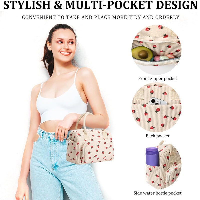 Pink Women's Large Corduroy Lunch Bag Insulated Thermal Tote Strawberry Print with Shoulder Strap for Work School & Picnics