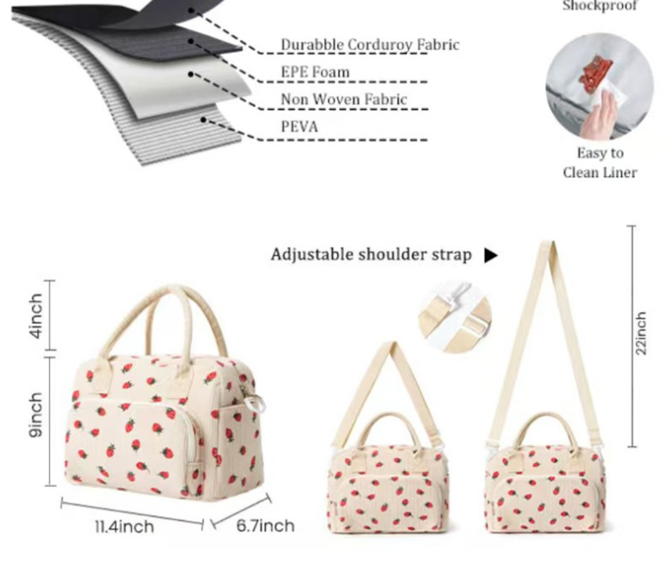 Pink Women's Large Corduroy Lunch Bag Insulated Thermal Tote Strawberry Print with Shoulder Strap for Work School & Picnics