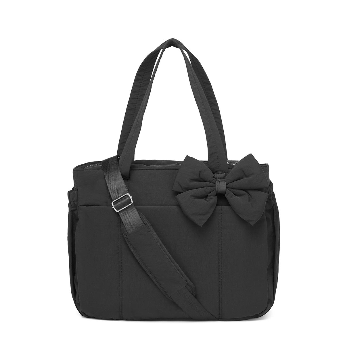 Black Women's Quilted Puffer Tote Bag Large Capacity Lightweight Bow Handbag with Shoulder Strap 42cm for Gym Travel &amp; Baby Care