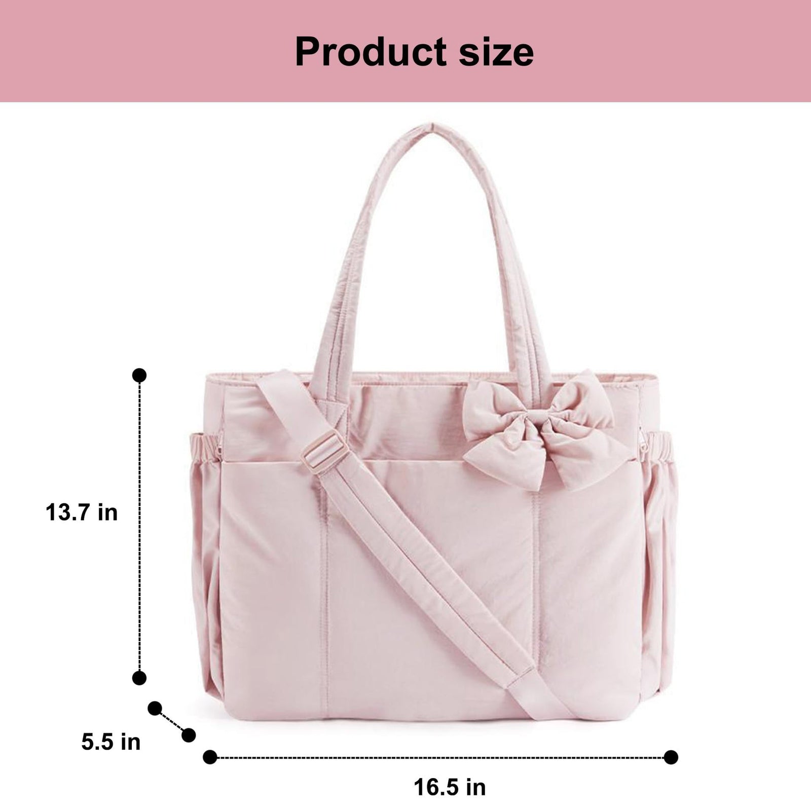 Black Women's Quilted Puffer Tote Bag Large Capacity Lightweight Bow Handbag with Shoulder Strap 42cm for Gym Travel & Baby Care