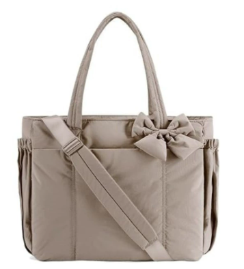 Camel Women's Quilted Puffer Tote Bag Large Capacity Lightweight Bow Handbag with Shoulder Strap 42cm for Gym Travel &amp; Baby Care