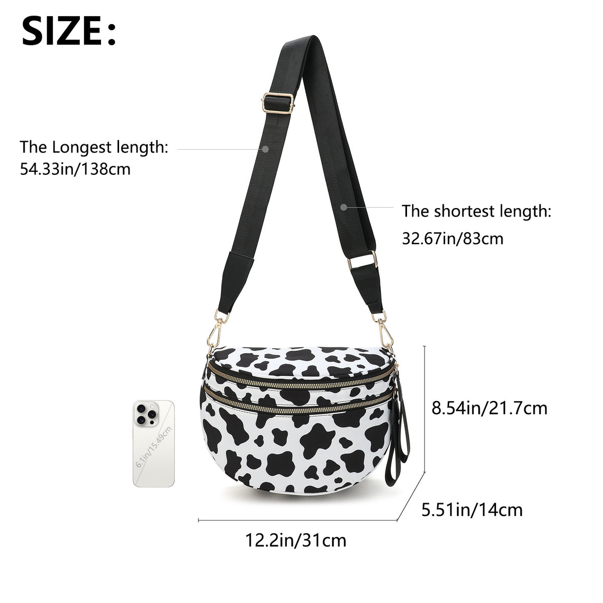 Black-and-white Checkered Pattern Women's Large Crescent Crossbody Bag Lightweight Oxford Cloth Shoulder Sling Purse Adjustable Strap for Travel Gym & Daily Use