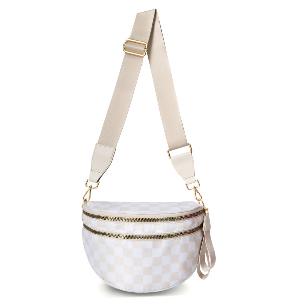 White-and-beige Checkered Pattern Women's Large Crescent Crossbody Bag Lightweight Oxford Cloth Shoulder Sling Purse Adjustable Strap for Travel Gym &amp; Daily Use