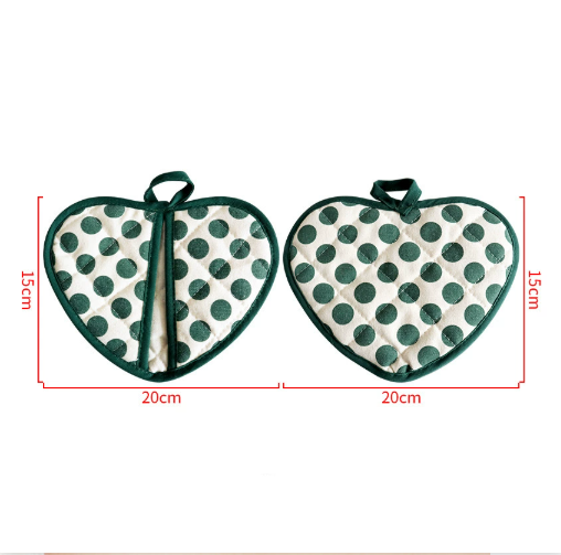 Green 2 Pack Heart Shaped Oven Mitts Heat Resistant Cotton Pot Holders Double Layer Thick Insulation Kitchen Gloves for Baking Cooking