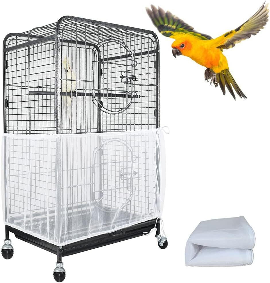 XXL White【Height 40, Circumference 220】 Large Bird Cage Seed Catcher Net Cover - Adjustable Mesh Guard Splash-Proof Dust Cover for Indoor Outdoor Cages