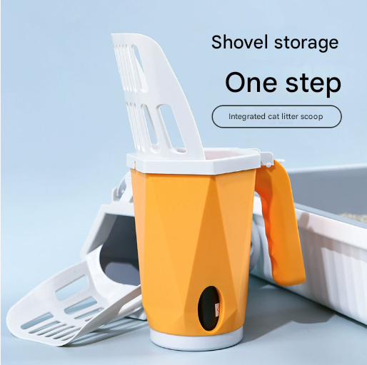 Yellow 2-in-1 Cat Litter Scoop with Attached Waste Bin Integrated Poop Scooper Holder Detachable Kit with 150 Degradable Bags