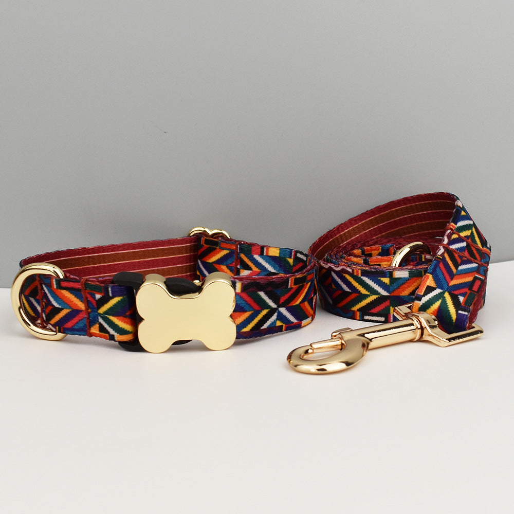 XL Rainbow Boho Patterned Dog Collar with Gold Metal Bone Buckle Adjustable Tribal &amp; Leopard Print Neck Strap for Puppies &amp; Dogs
