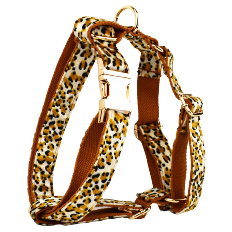 XS Luxury 5 Piece Dog Harness and Collar Set Leopard Print with Leash Bow Tie & Waste Bag Holder Gold Metal Buckle Walking Gear