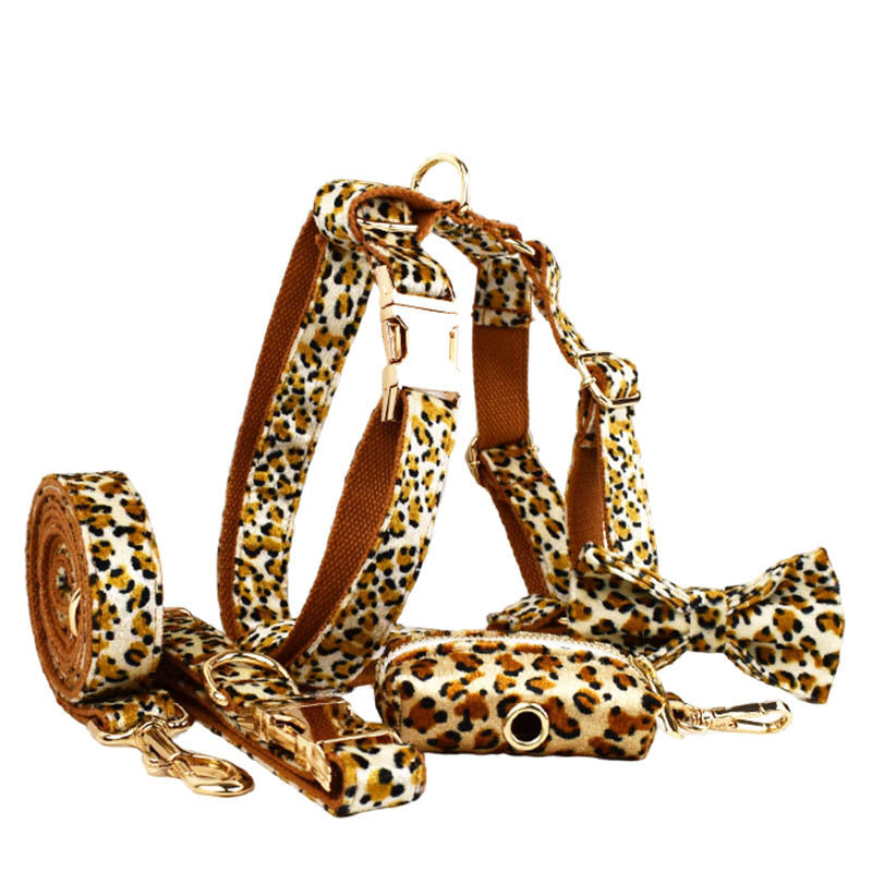 S Luxury 5 Piece Dog Harness and Collar Set Leopard Print with Leash Bow Tie &amp; Waste Bag Holder Gold Metal Buckle Walking Gear