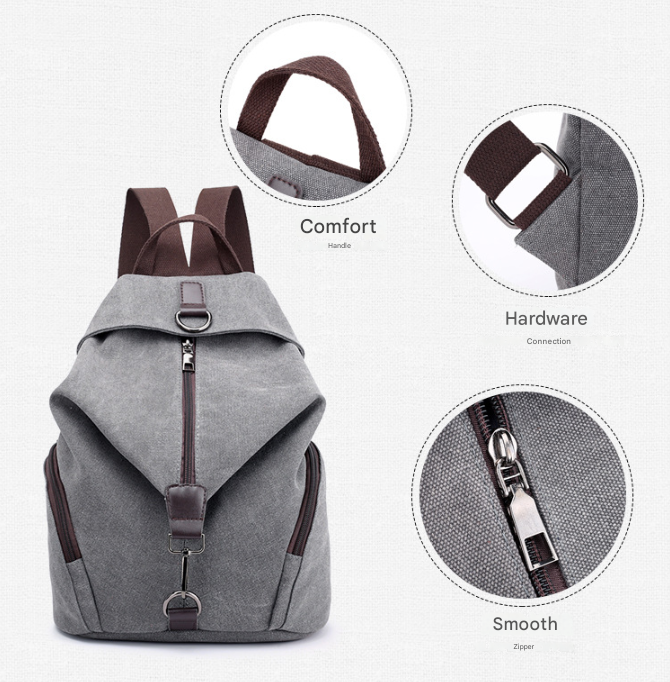 Grey Women's Vintage Canvas Backpack Casual Daypack Retro College School Bag Large Capacity Rucksack for Travel Work & Daily Use