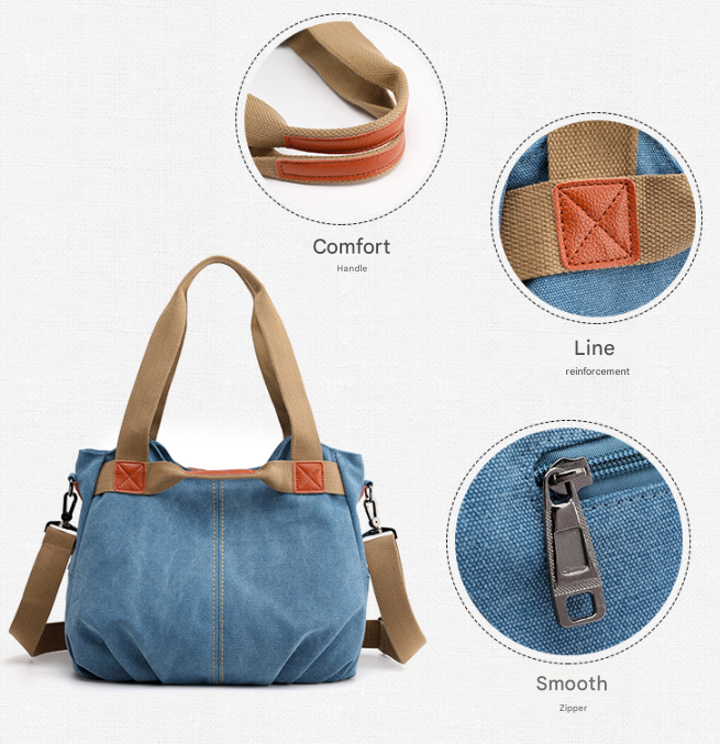 Dark Blue Women's Retro Canvas Tote Bag Large Capacity Shoulder Handbag Adjustable Crossbody Strap 35cm for Travel Work & Daily Use