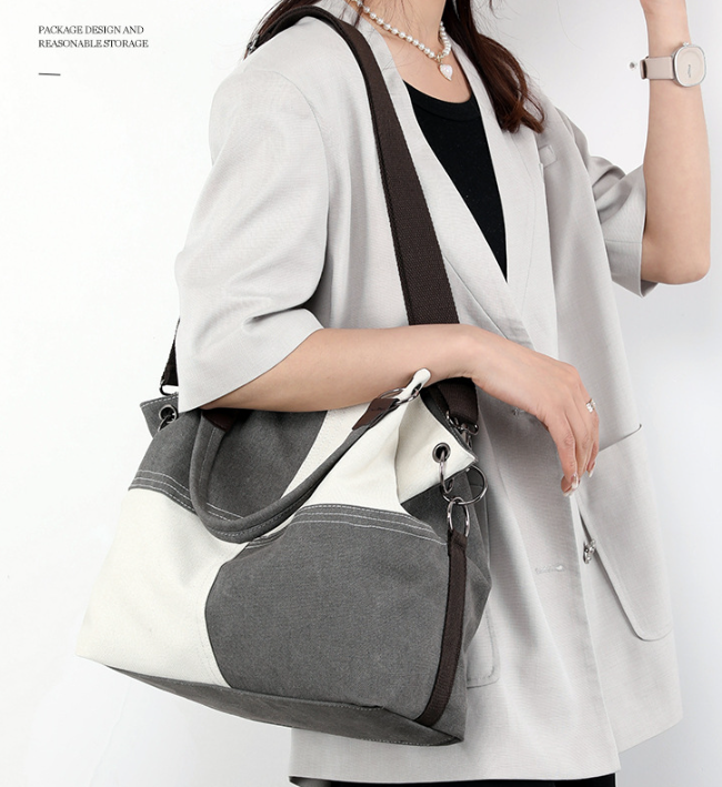 Black Women's Canvas Patchwork Tote Bag Large Capacity Shoulder Handbag Fits A4 Magazine Adjustable Crossbody Strap 34cm for Work & School