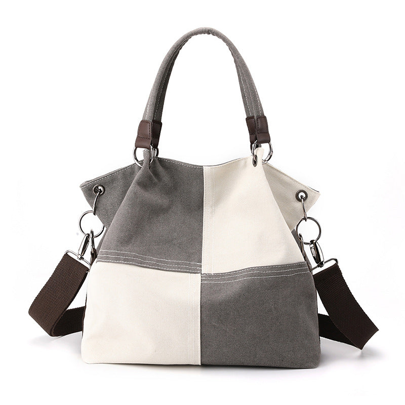 Grey Women's Canvas Patchwork Tote Bag Large Capacity Shoulder Handbag Fits A4 Magazine Adjustable Crossbody Strap 34cm for Work &amp; School