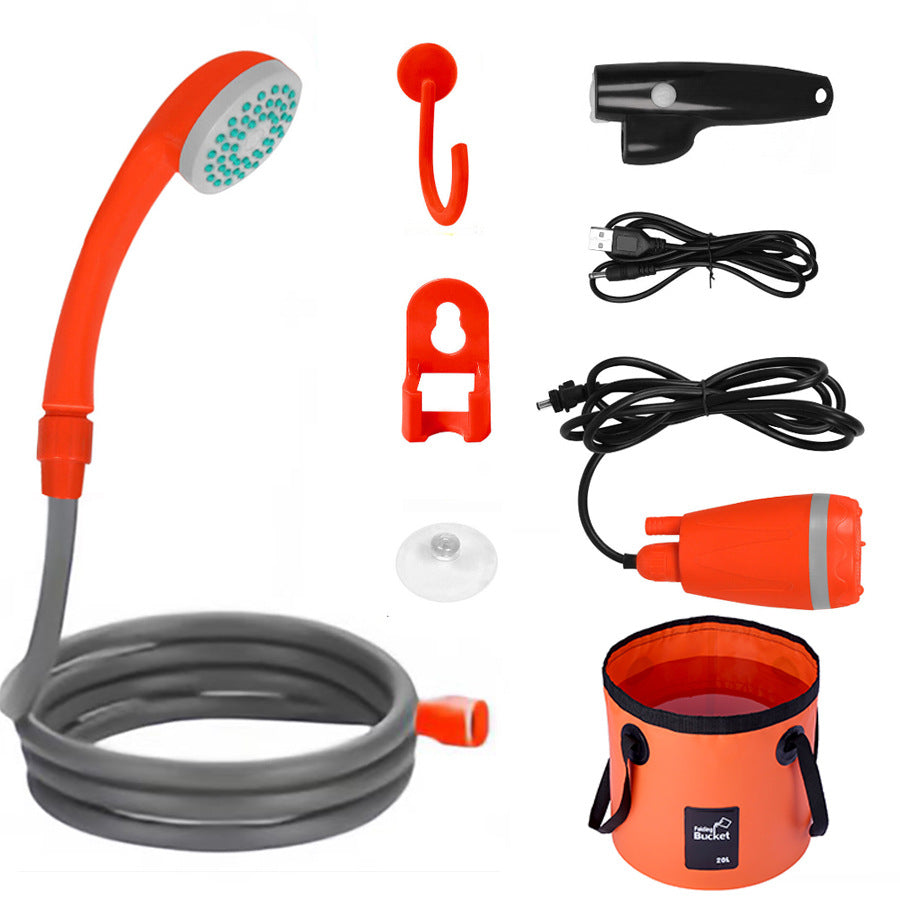 Orange USB Portable Camping Shower Kit with Folding 20L Bucket