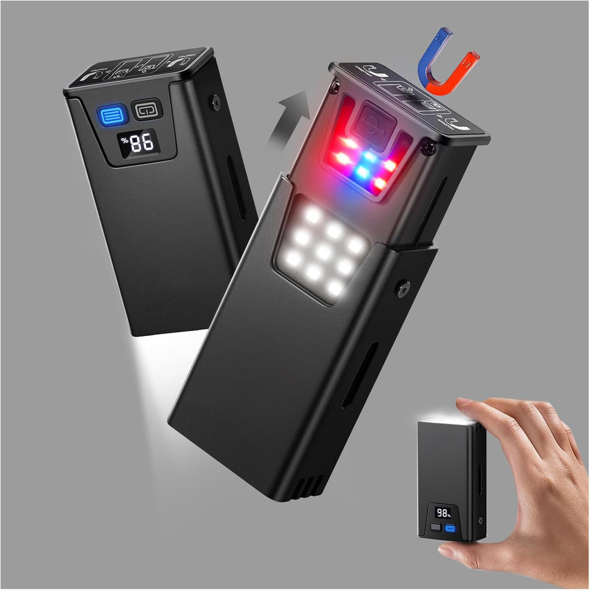Black Magnetic Flashlight: Spotlight, COB Flood,  Red&amp;Blue Warning