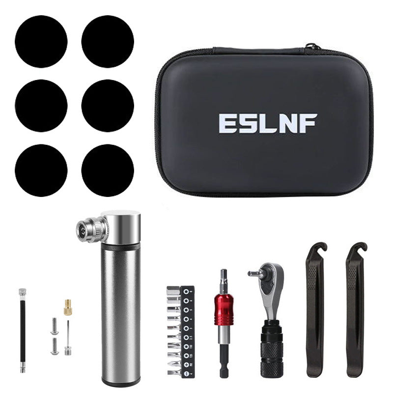 Compact Bicycle Ratchet Tool Kit With Tire Patch &amp; Titanium Mini Pump