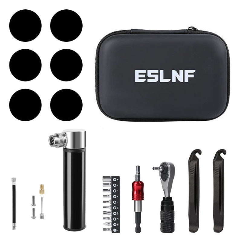 Compact Bicycle Ratchet Tool Kit With Tire Patch & Black Mini Pump