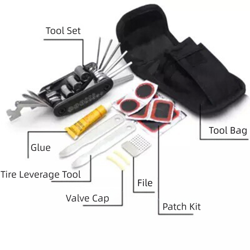 16-in-1 bicycle repair tool kit - multi-tool, tire patch, tire lever & file