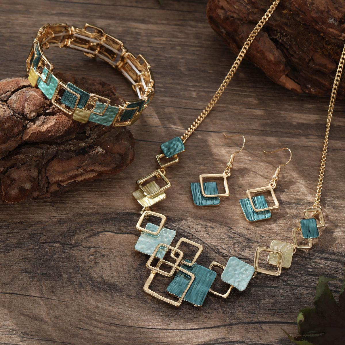 Geometric Inlay Earrings Necklace Bracelet Jewelry Set × 2 – Peacock Green &amp; Light Green