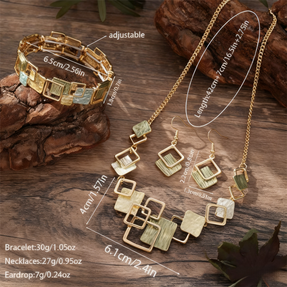 Geometric Inlay Earrings Necklace Bracelet Jewelry Set × 2 – Peacock Green & Light Green