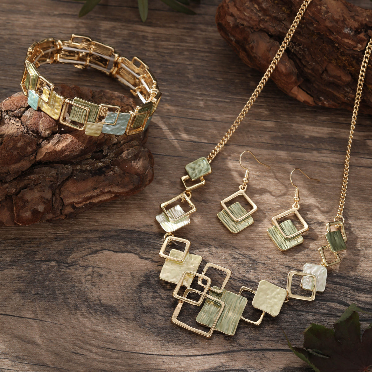 Geometric Inlay Earrings Necklace Bracelet Jewelry Set × 2 – Light Green &amp; Brown