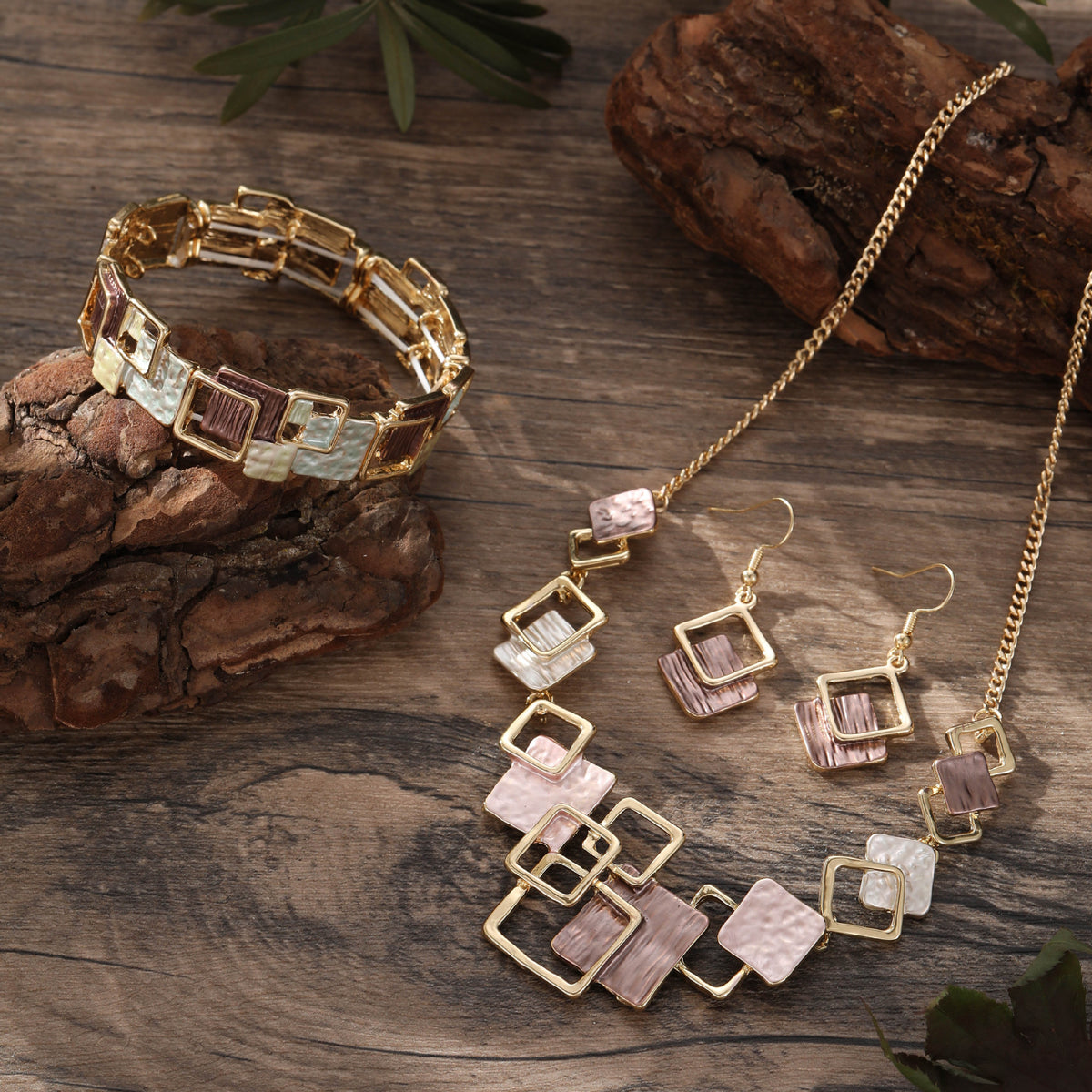 Geometric Inlay Earrings Necklace Bracelet Jewelry Set × 2 – Light Green & Brown