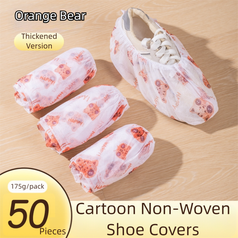 50 Pieces Thickened Non-Woven Disposable Shoe Covers (Orange Bear) – Universal Fit (EU Size 34-45) for Guests &amp; Floor Protection