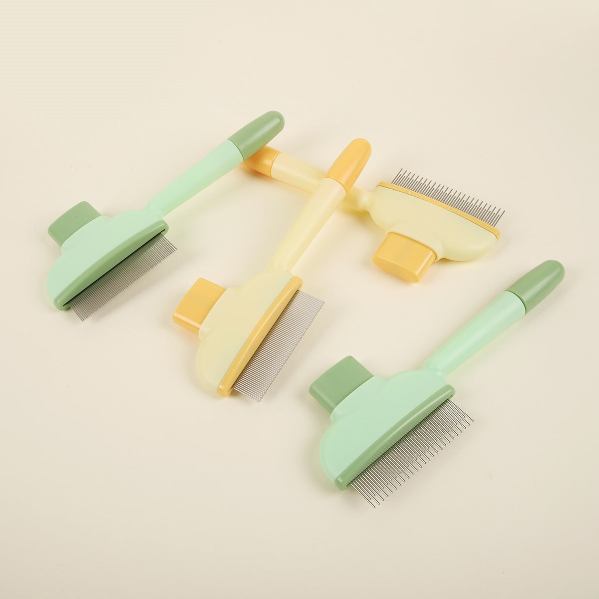 4-Pack Self-Cleaning Pet Brush Set – Stainless Steel Deshedding Slicker Combs (2 Long Pin &amp; 2 Dual Pin) in Green &amp; Yellow Tones