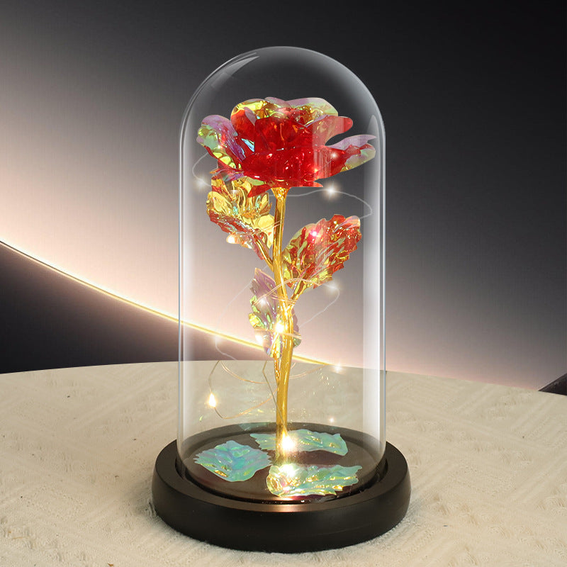 Red Rose LED Light – Black Clover Plastic Base,Battery Powered Flower Dome for Décor &amp; Gifting