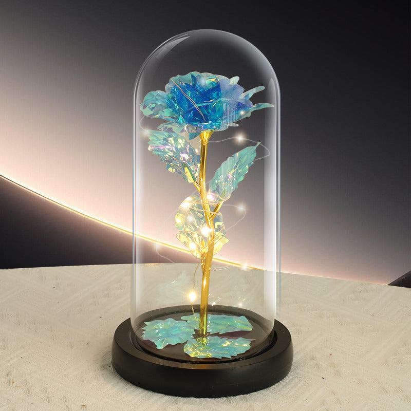Blue Rose LED Light – Black Clover Plastic Base,Battery Powered Flower Dome for Décor &amp; Gifting