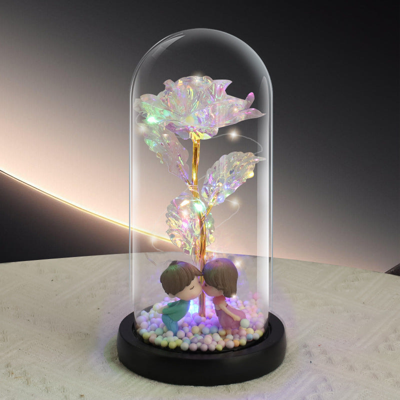 Kissing Couple Figurine Colorful Rose LED Light – Anniversary Flower Gift in Glass Dome for Her, Mom, or Girlfriend