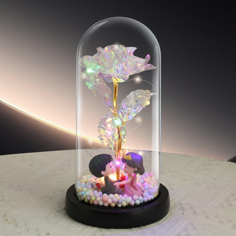 Wedding Couple Figurine Colorful Rose LED Light – Anniversary Flower Gift in Glass Dome for Her, Mom, or Girlfriend