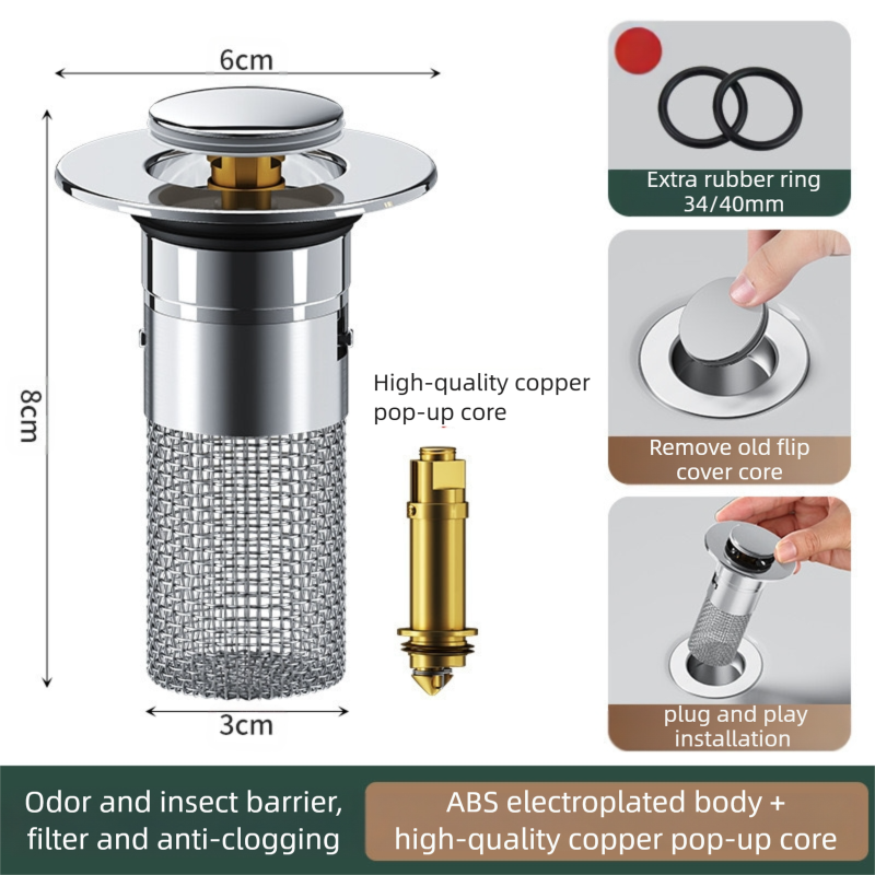 2-Pack Pop-Up Sink Stopper with Hair Catcher – Standard (34-40mm) Drain Filter,Basin Drain Filter Upgrade