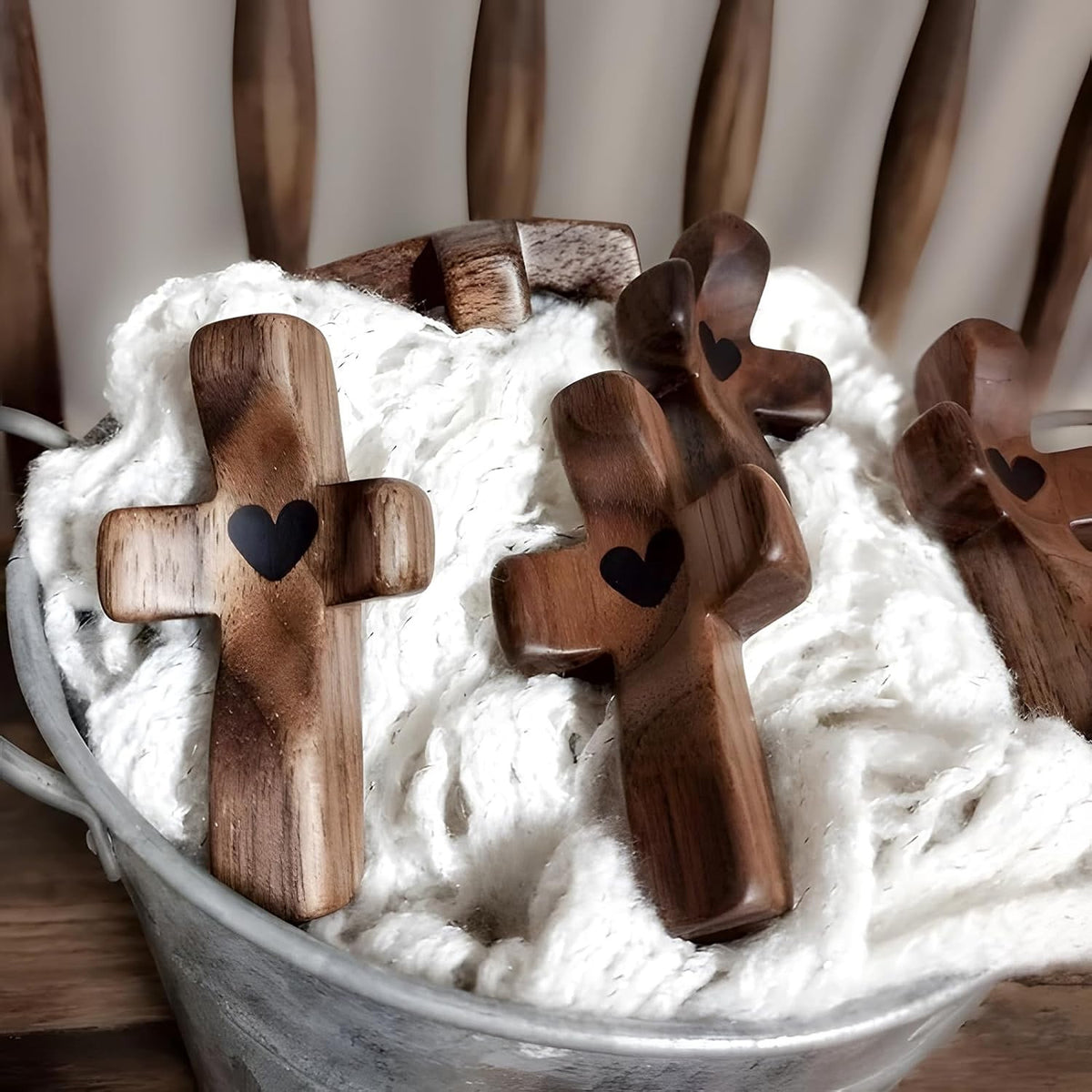 Set of 5 Red Peachwood Heart Cross – Multi-functional Spiritual Symbols for Home and Office, Religious, Ornaments Mini