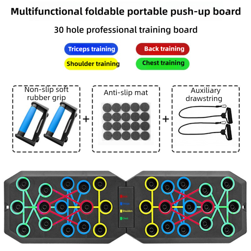 30-Hole Black Foldable Push Up Board with Resistance Bands &amp; Non-Slip Grips for Home Gym