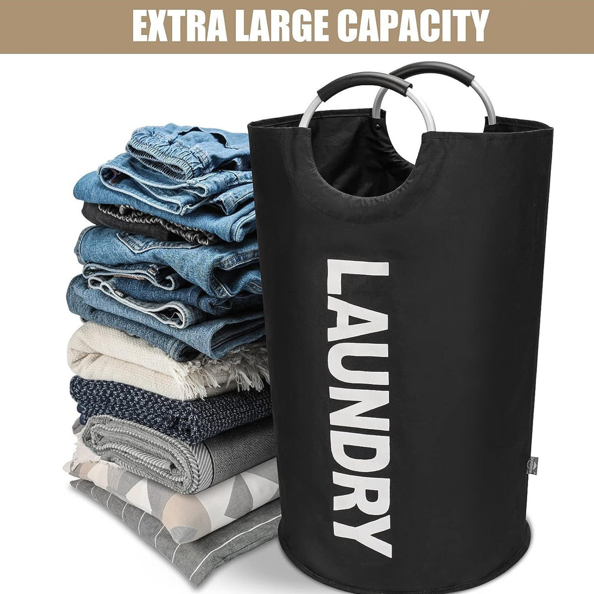 Black Oxford Fabric Large-capacity Foldable Dirty Clothes Basket (38×72CM) - With Waterproof Coating &amp; Aluminum Carry Handles For Laundry Room Dorm
