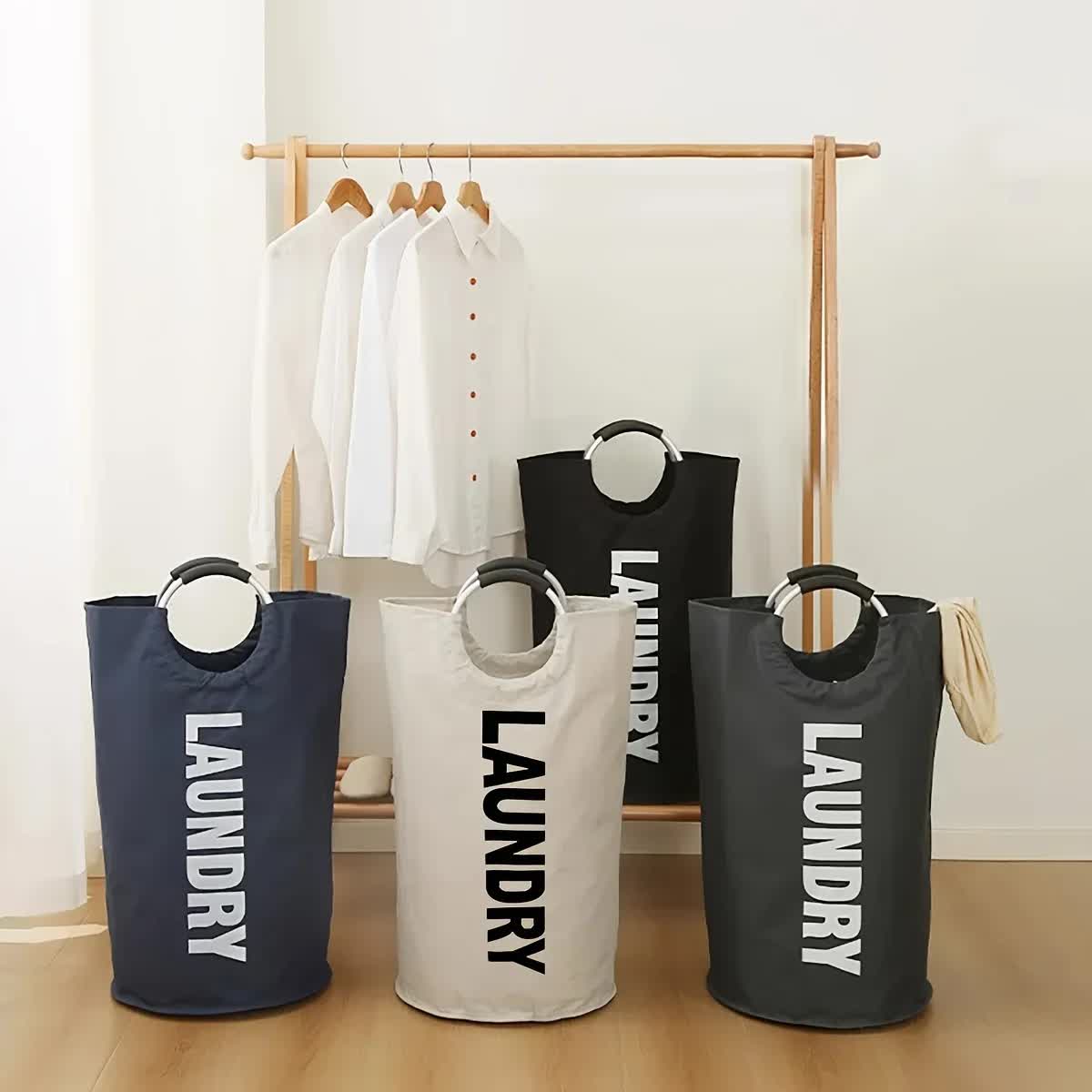 White Oxford Fabric Large-capacity Foldable Dirty Clothes Basket (38×72CM) - With Waterproof Coating & Aluminum Carry Handles For Laundry Room Dorm