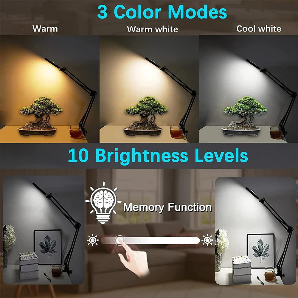 2-in-1 Black LED Magnifier Desk Lamp With Base and Clip - Hands-Free, Dimmable 3-Color Light for Crafts & Workbench