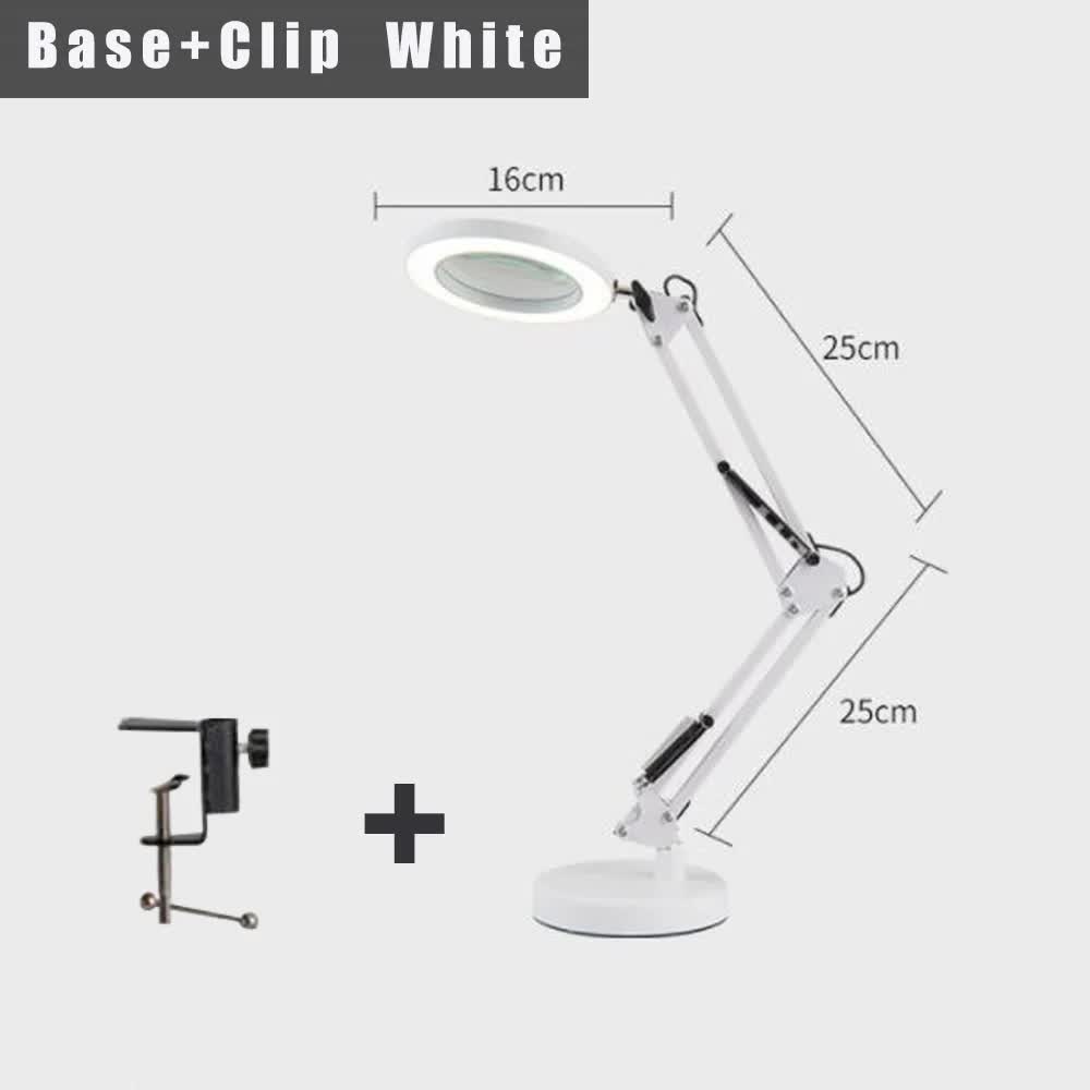 2-in-1 White LED Magnifier Desk Lamp With Base and Clip - Hands-Free, Dimmable 3-Color Light for Crafts &amp; Workbench