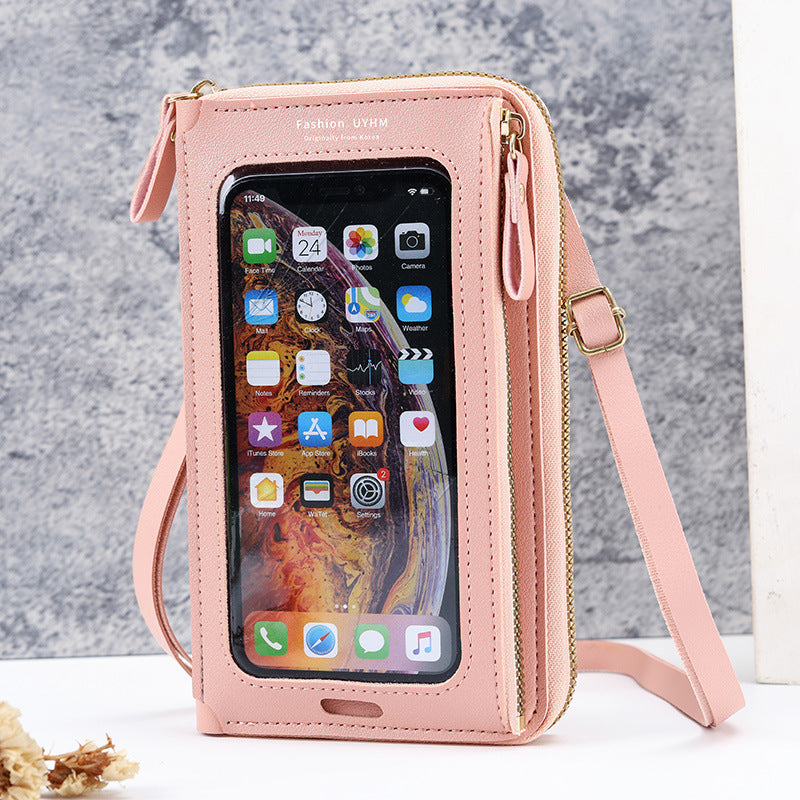 Two-Piece Pink Set Anti-Theft Touch Screen Mini Crossbody Phone Bag for Women (20x11.5x4.5cm) - Multi-functional PU Leather Wallet Pouch
