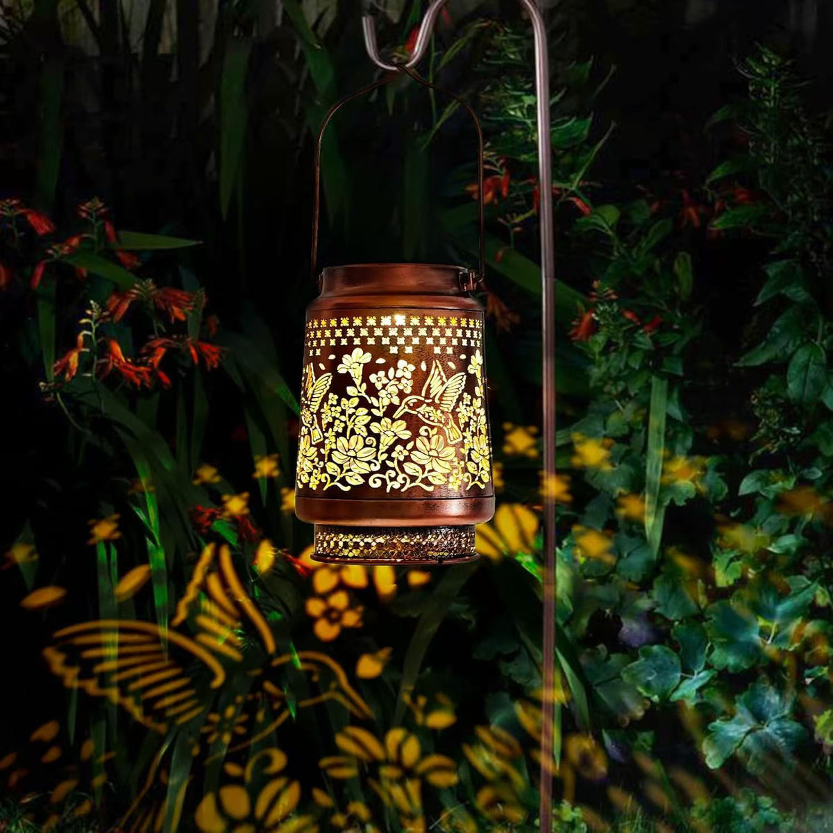 Decorative Solar Hummingbird Lantern(11x11x17CM) - Waterproof Hanging Iron Art Outdoor Projection Light for Garden and Patio (Up to 12 Hrs Illumination)