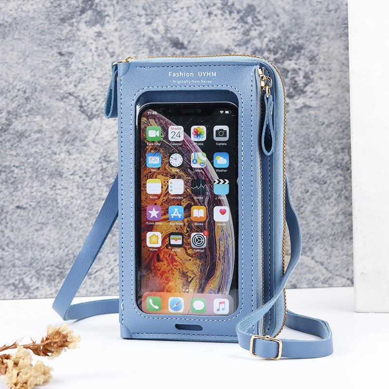 Two-Piece Blue Set Anti-Theft Touch Screen Mini Crossbody Phone Bag for Women (20x11.5x4.5cm) - Multi-functional PU Leather Wallet Pouch