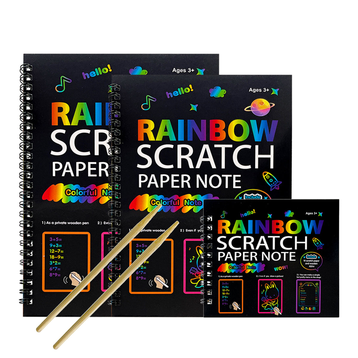 3-Pack DIY Rainbow Scratch Art Books Set - Neon Black Scratch Paper for Kids, Multi-Size (S, M, L) Creative Drawing &amp; Fun