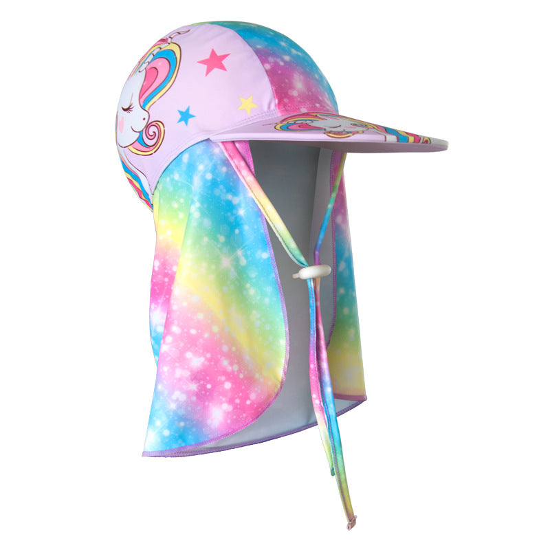 2-Pack Girls&#39; Sun Protection Swim Cap Set - Cute Cartoon Rainbow Horse Pattern, Quick Dry Nylon Swimming &amp; Wading Hat